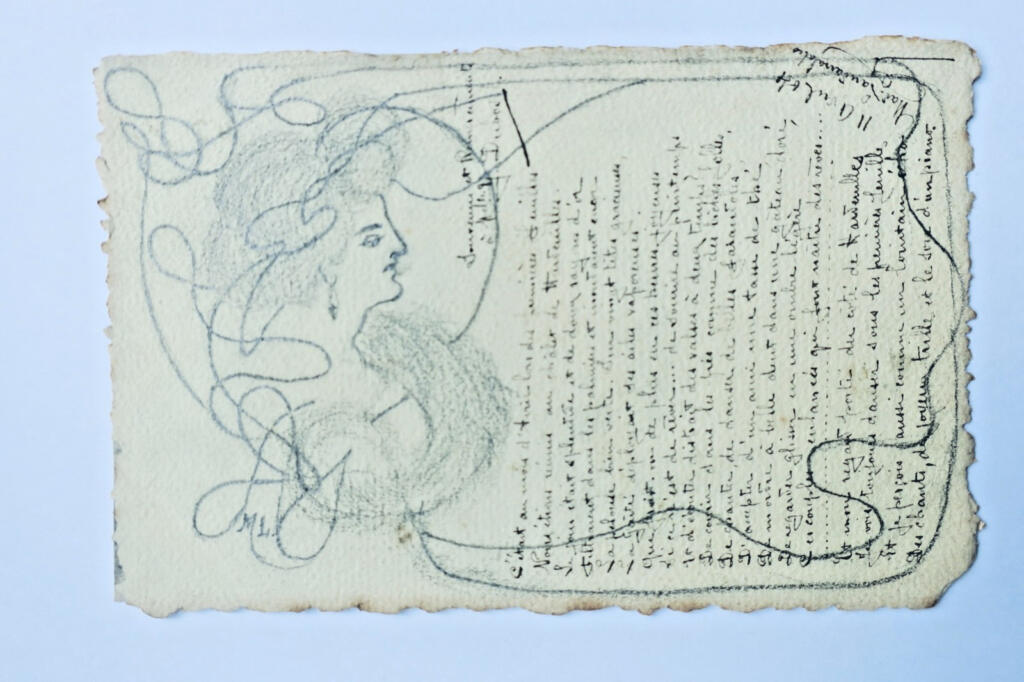 Hand-drawn Belle Époque postcard with poem