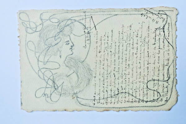 carte-postale belle époque réalisée & dessinée à la main & poème manuscrit