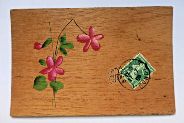 Carte postale en bois peint 1908