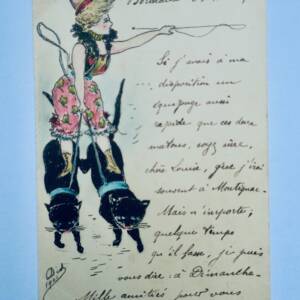 chat Dompteuse de matous DESSIN ORIGINAL A LA MAIN 1901 belle époque