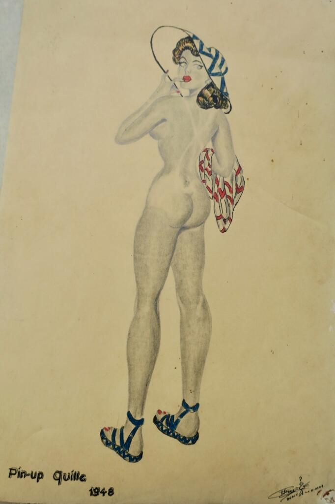 Curiosa original hand-drawn pin-up illustrations, dated and signed, 1948