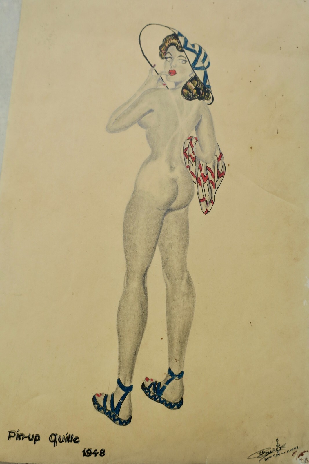 Original signierte Pin-up Zeichnungen von 1948<span class="lla-card-orig-wrap"><span class="lla-card-orig">❦ Curiosa dessins originaux à la main, datés et signés pin-up 1948</span></span> - La Librairie Antique