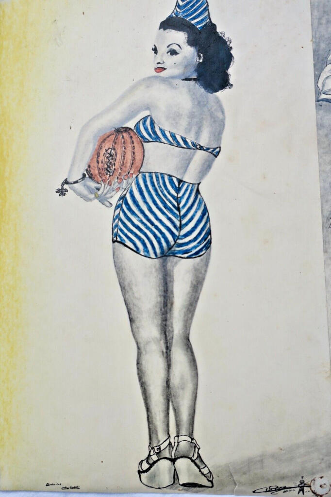 Curiosa original hand-drawn pin-up illustrations, dated and signed, 1948