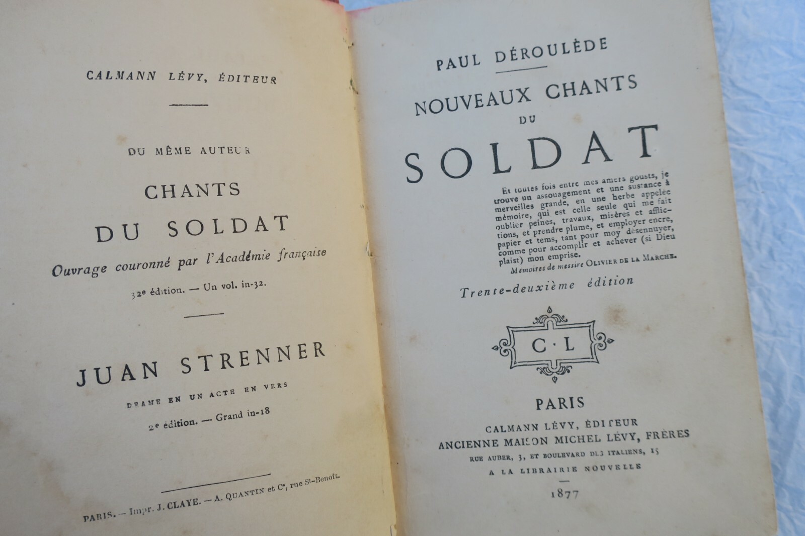 Neue Soldatenlieder von Déroulède<span class="lla-card-orig-wrap"><span class="lla-card-orig">❦ Déroulède Nouveaux Chants du Soldat 1877</span></span> - La Librairie Antique