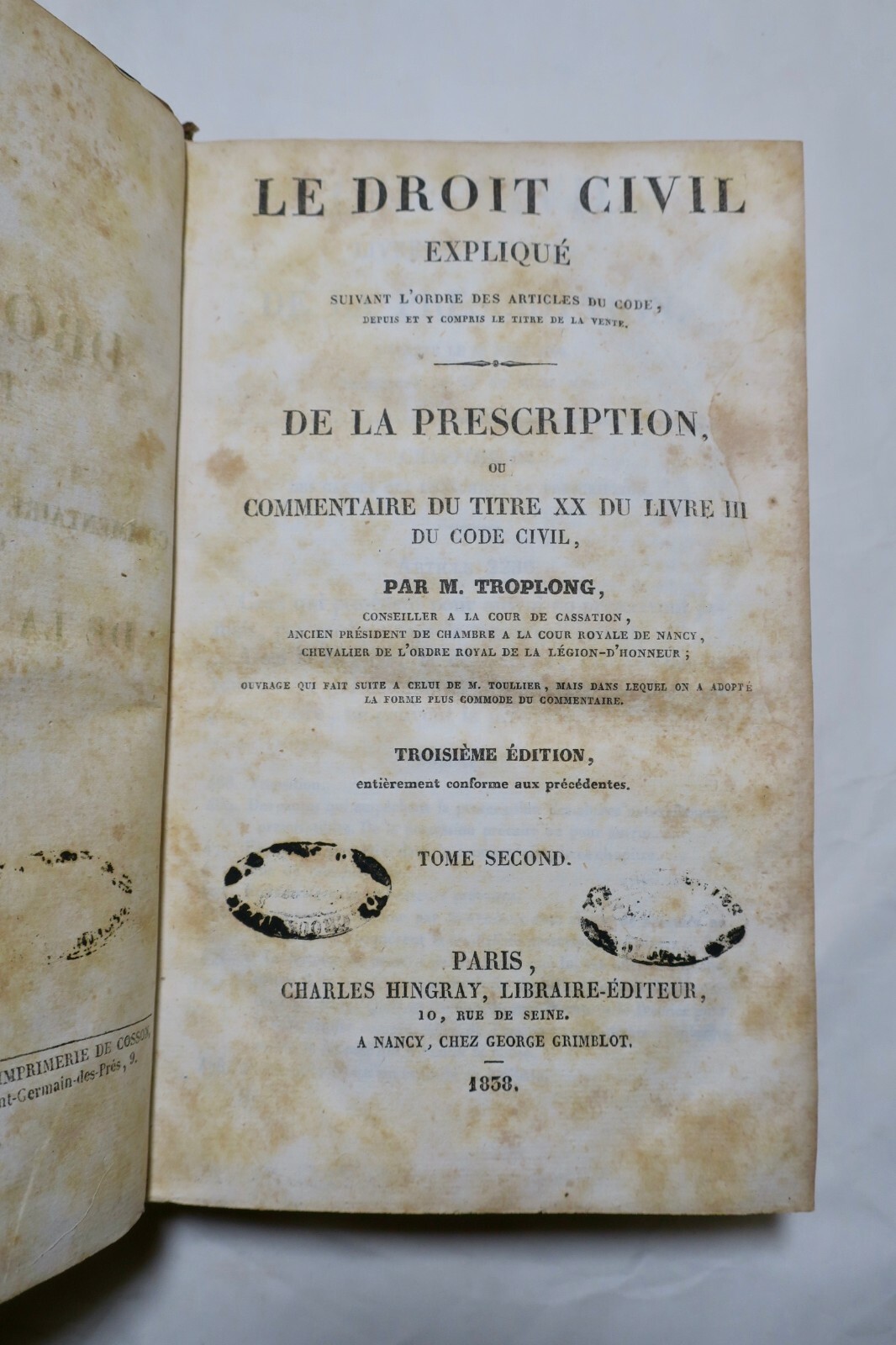 Droit Troplong De la prescription, ou Commentaire … 1838 - La Librairie Antique