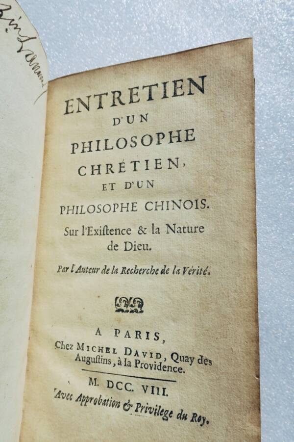 Entretien d’un philosophe chrétien, et d’un philosophe chinois 1708 Malebranche