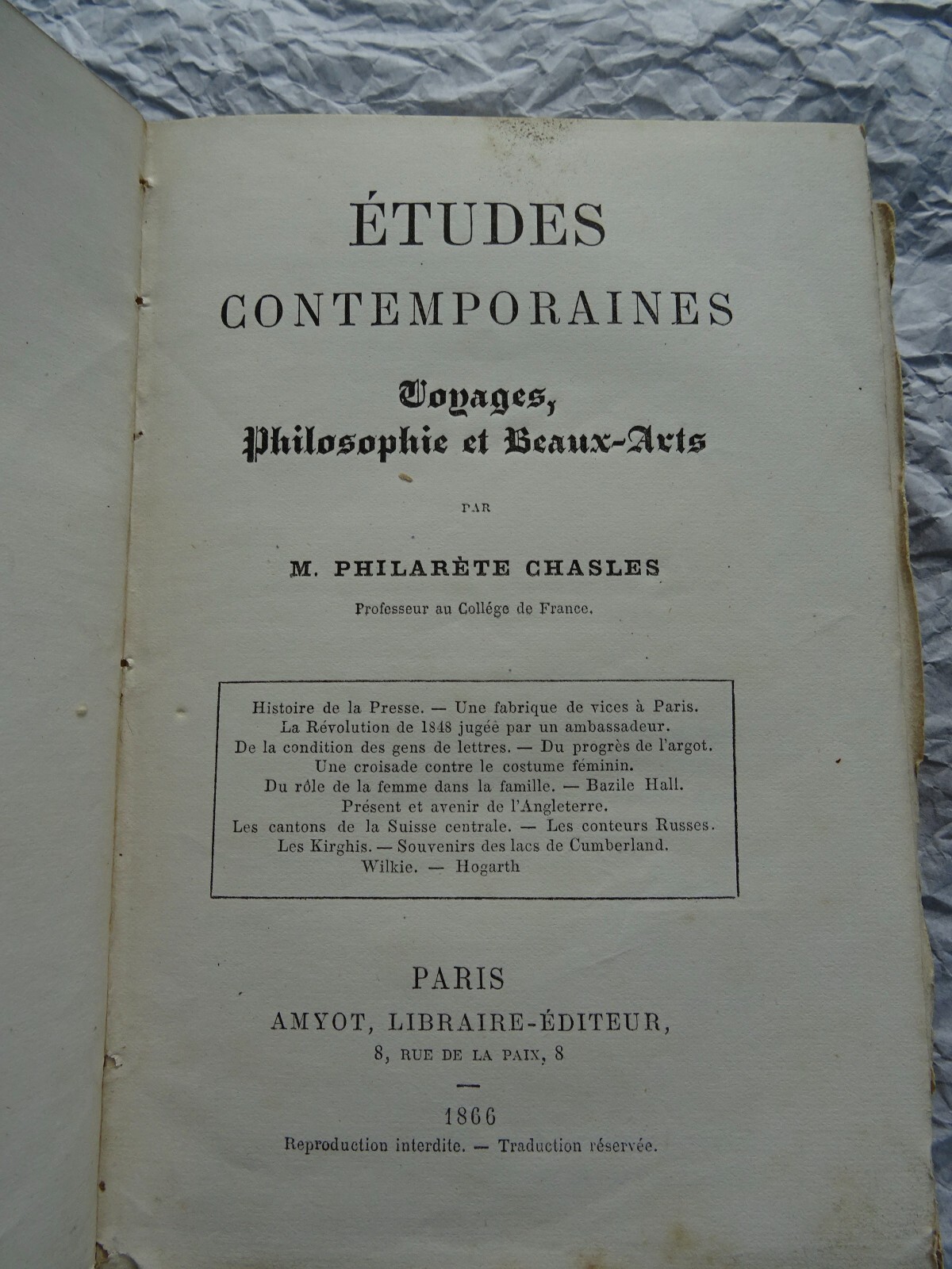 ETUDES CONTEMPORAINES, VOYAGES, PHILOSOPHIE ET BEAUX-ARTS 1866 - La Librairie Antique