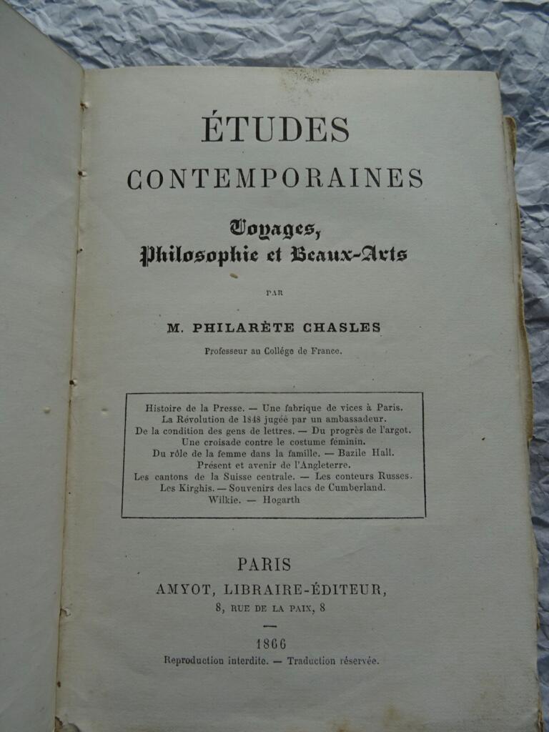 ETUDES CONTEMPORAINES, VOYAGES, PHILOSOPHIE ET BEAUX-ARTS 1866