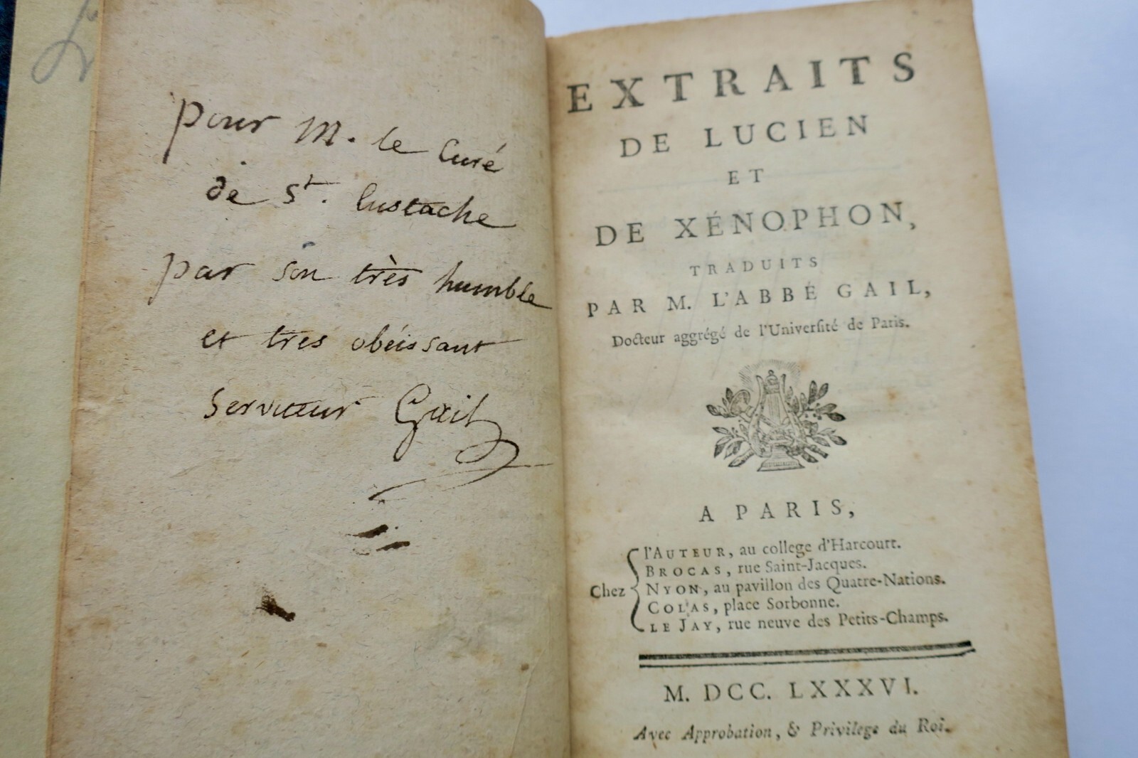 Gail extraits de Lucien et de Xénophon 1786 + dédiace - La Librairie Antique
