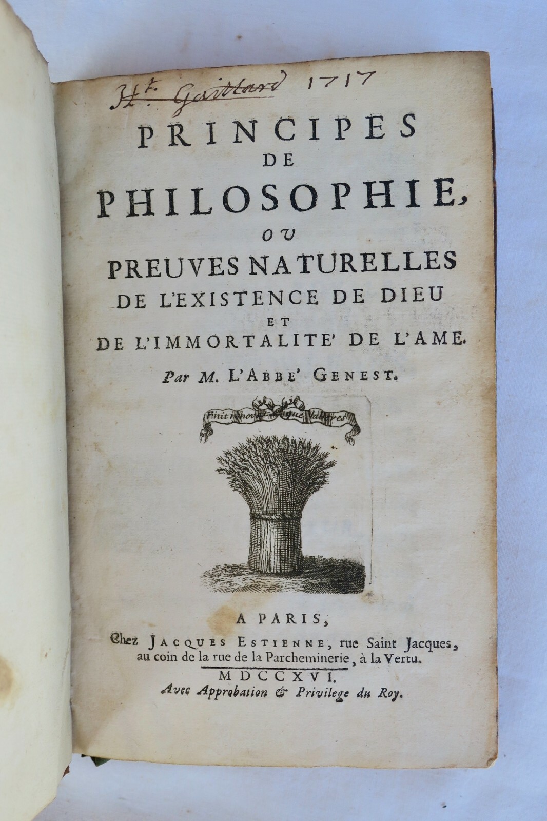 关于神与灵魂的哲学原则<span class="lla-card-orig-wrap"><span class="lla-card-orig">❦ GENEST Principes de philosophie ou preuves naturelles de existence de dieu 1716</span></span> - La Librairie Antique