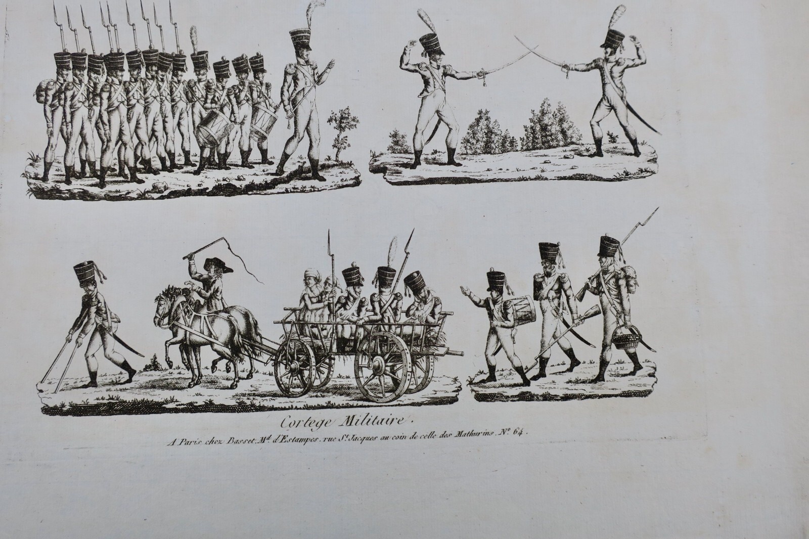 軍事行進の銅版画<span class="lla-card-orig-wrap"><span class="lla-card-orig">❦ gravure sur acier, cortège militaire 40 x 25,5 cm</span></span> - La Librairie Antique