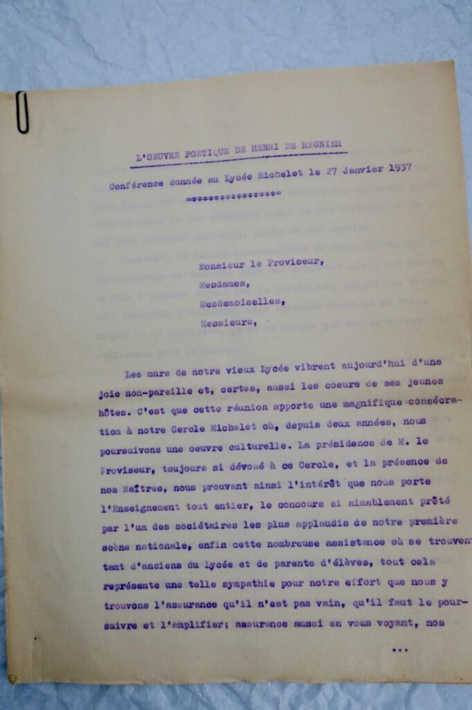 Henry de Régnier conférence tapuscrite de Maurice Druon Lycée Michelet