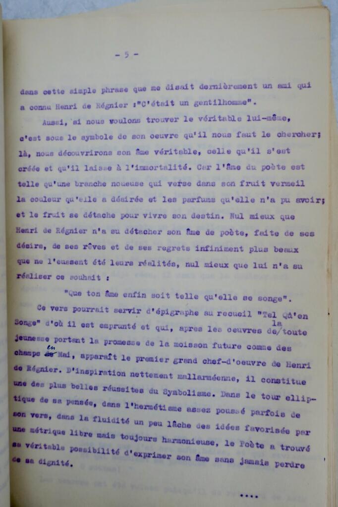 Henry de Régnier conférence tapuscrite de Maurice Druon Lycée Michelet