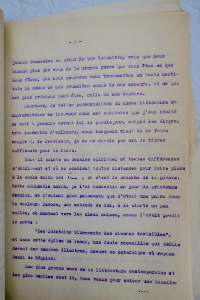 Henry de Régnier conférence tapuscrite de Maurice Druon Lycée Michelet