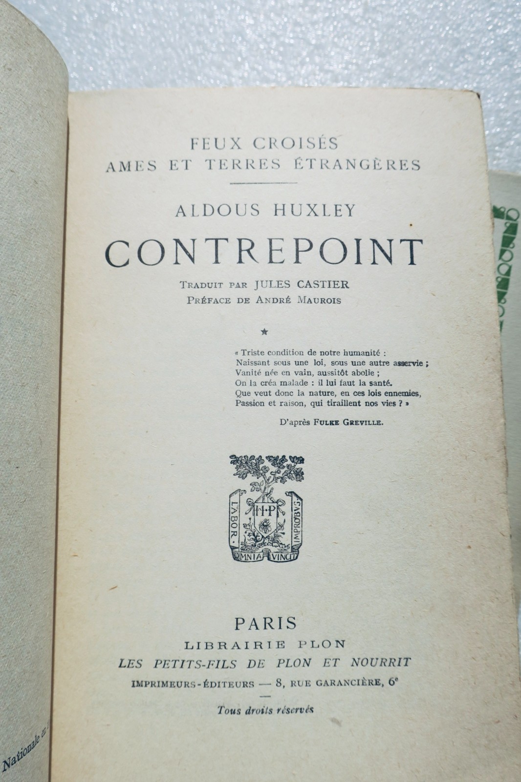 HUXLEY (Aldous) CONTREPOINT. Roman .Traduit de l’anglais par Jules Castier - La Librairie Antique