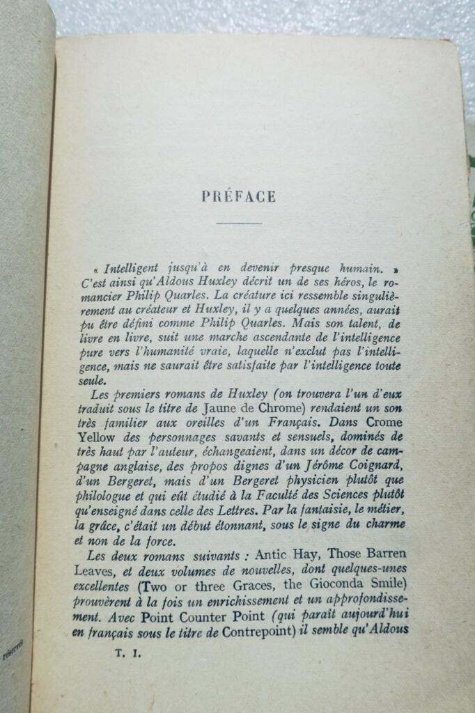 HUXLEY (Aldous) CONTREPOINT. Roman .Traduit de l’anglais par Jules Castier
