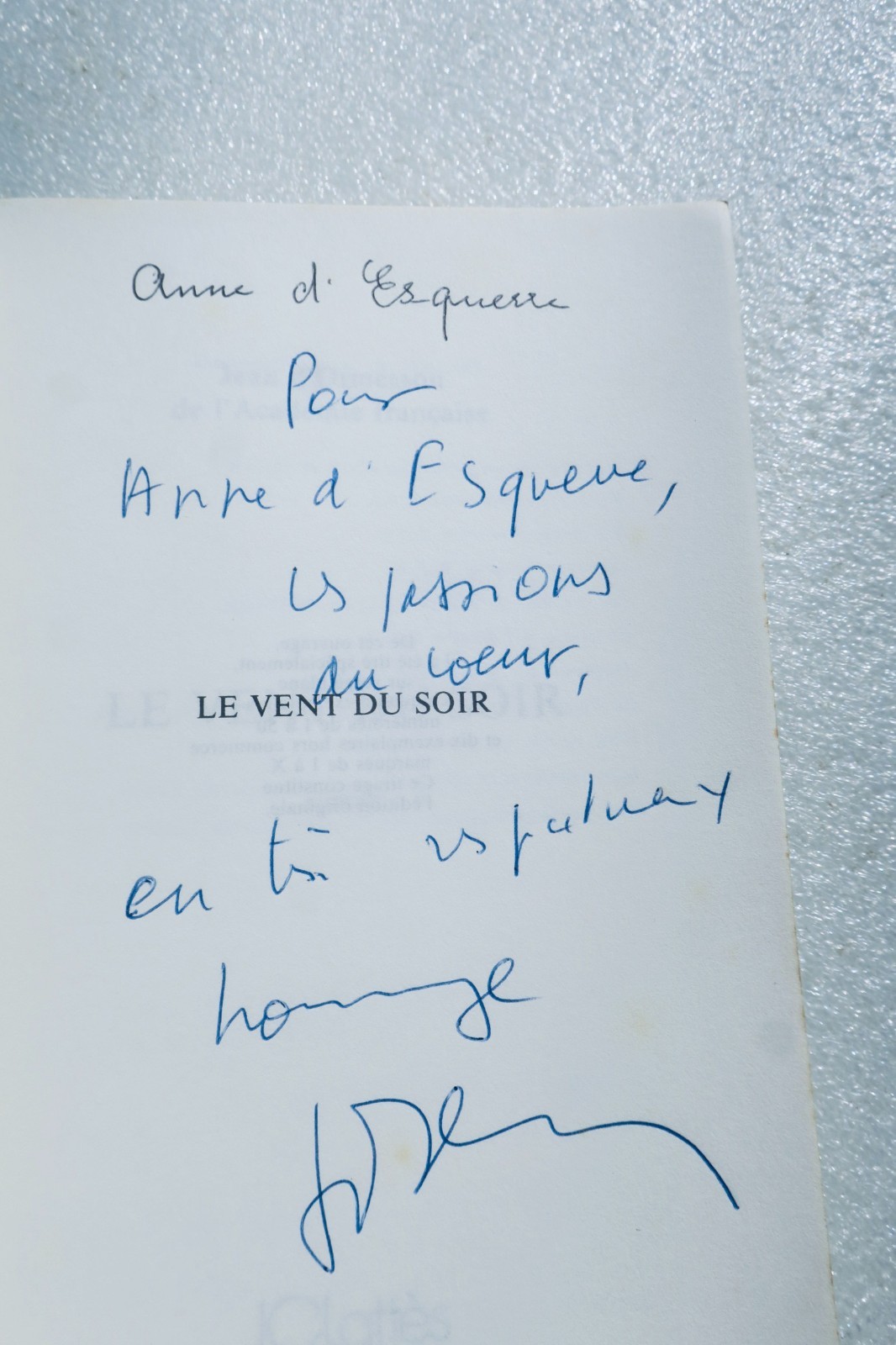 Jean D’Ormesson Le Vent du Soir + dédicace - La Librairie Antique