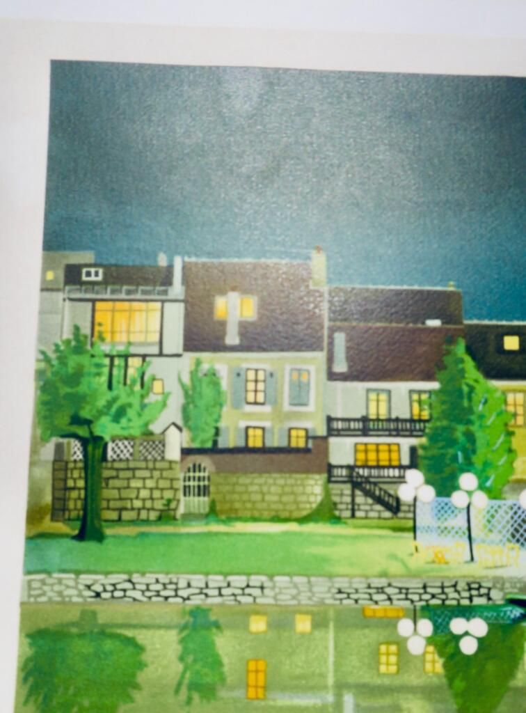 Original Lithografie mit weißen Straßenlaternen