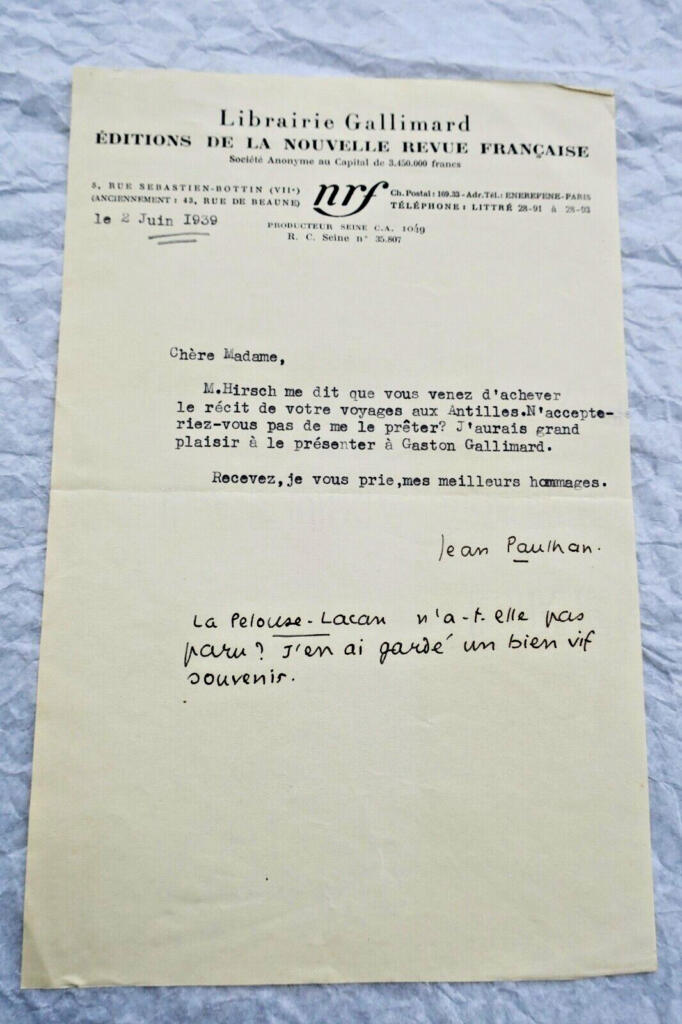 Signed Typescript Letter from PAULHAN to GALLIMARD