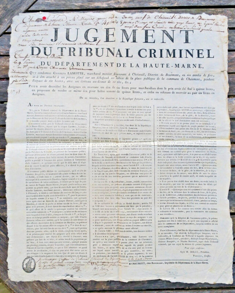 Criminal Court Judgment Against Assignat Discrediting