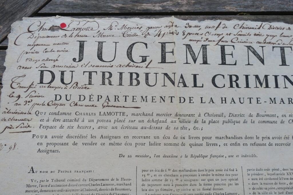 Criminal Court Judgment Against Assignat Discrediting