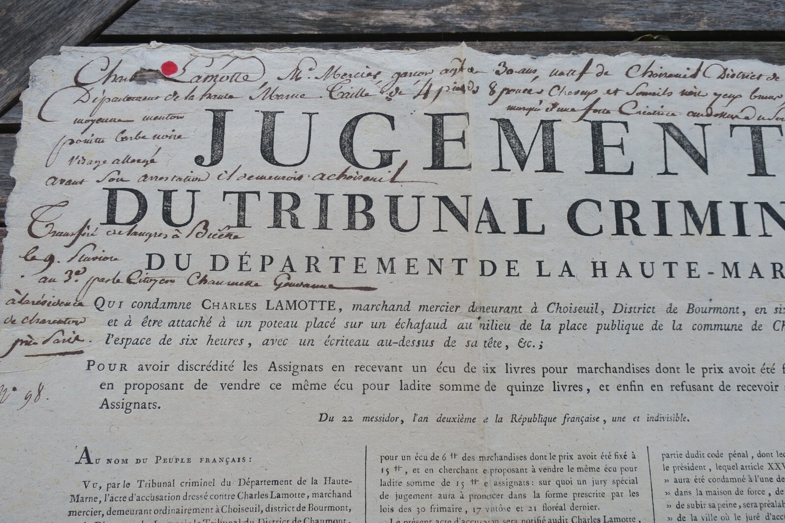 Legal Judgment in Revolutionary France<span class="lla-card-orig-wrap"><span class="lla-card-orig">❦ jugement du tribunal criminel (Haute-marne) discrédité les assignats AN II</span></span> - La Librairie Antique