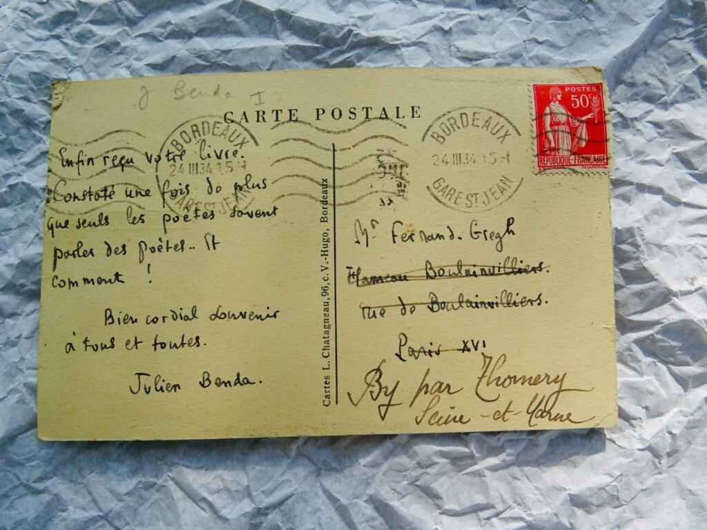 Autographed postcard from BENDA to GREGH