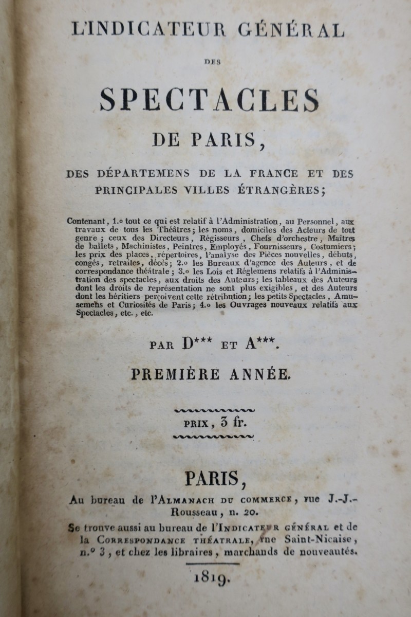 L’indicateur général des spectacles de Paris 1819 - La Librairie Antique