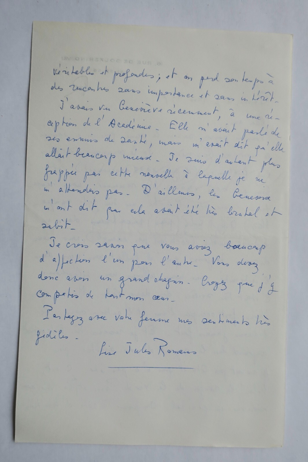 Lise jules Romain belle lettre autographe manuscrite - La Librairie Antique