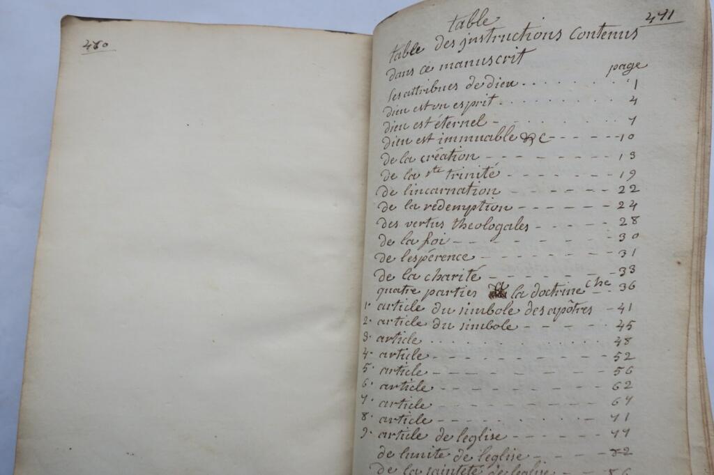 Manuscrit autographe Instructions familières sur la doctrine chrétienne