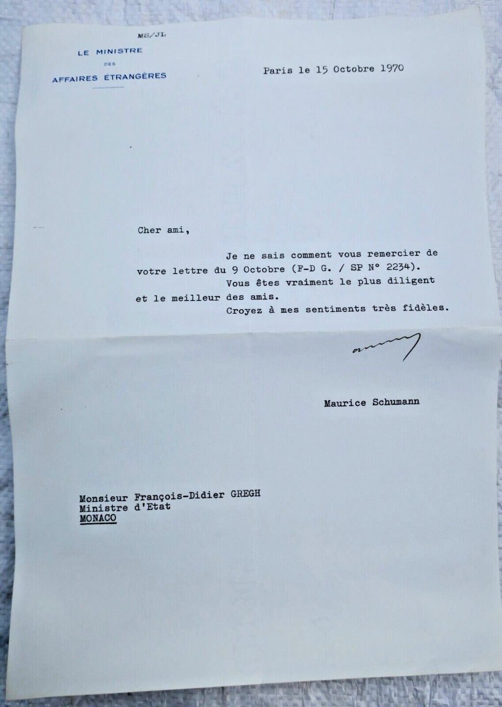 Signed Letter by Maurice Schumann