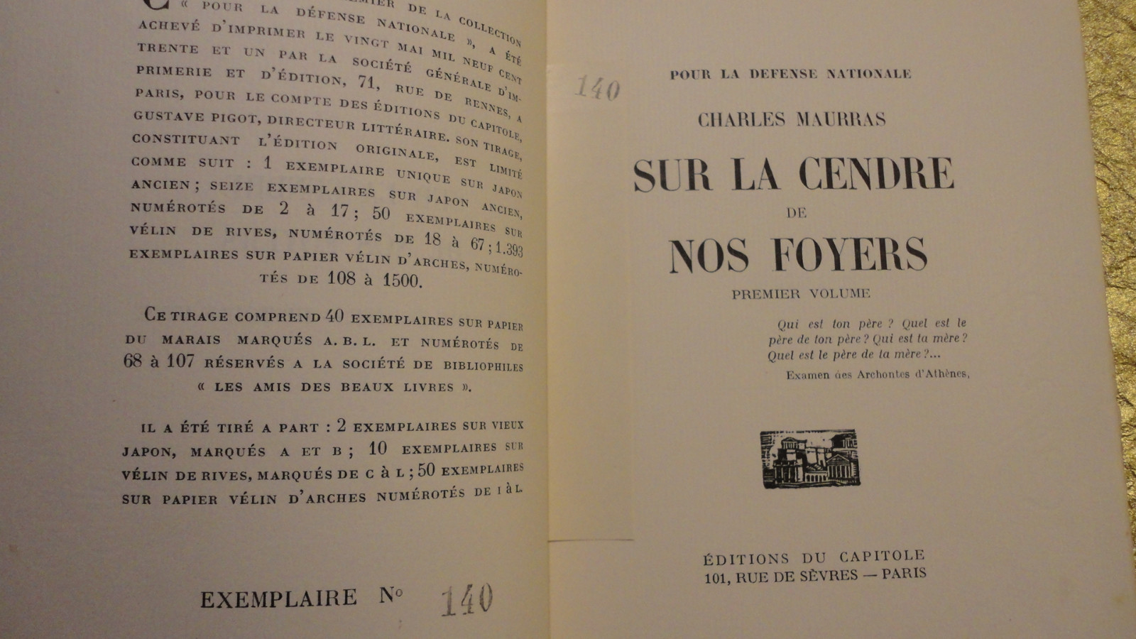 National Defence - First Volume<span class="lla-card-orig-wrap"><span class="lla-card-orig">❦ MAURRAS CHARLES SUR LA CENDRE DE NOS FOYERS sur vélin nté</span></span> - La Librairie Antique