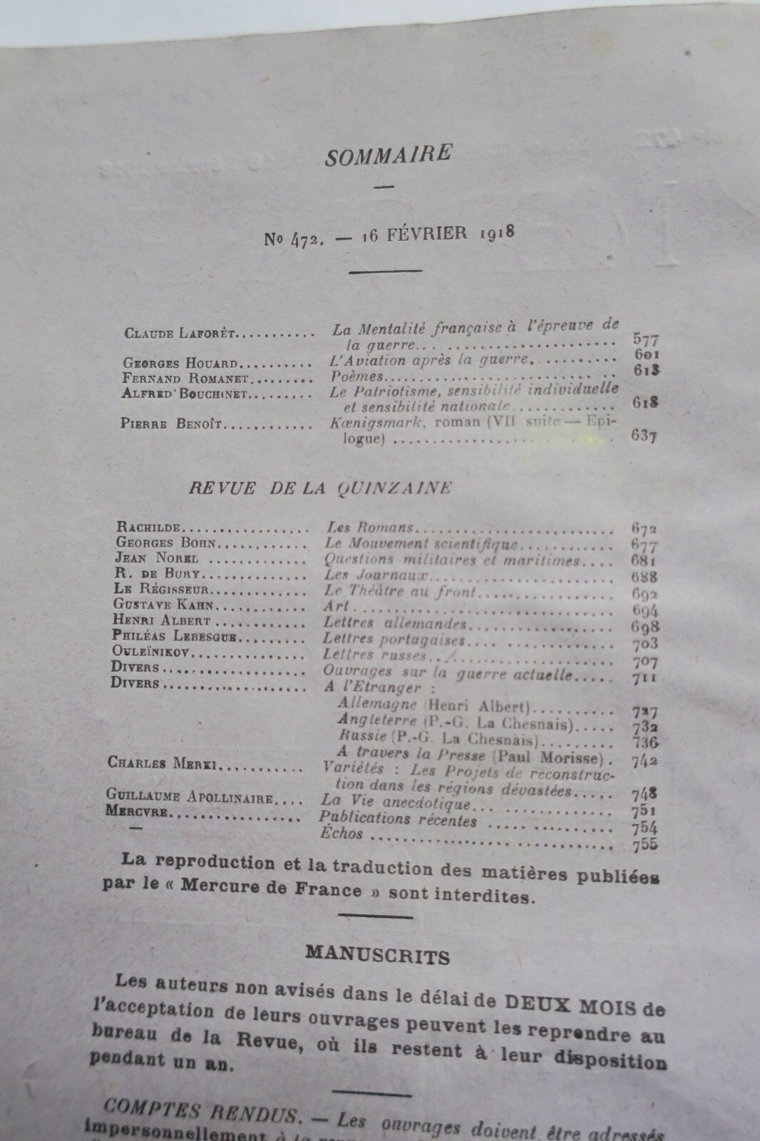 1918年文学评论的原版<span class="lla-card-orig-wrap"><span class="lla-card-orig">❦ Mercure de France, n°472, 1918 Apollinaire…</span></span> - La Librairie Antique