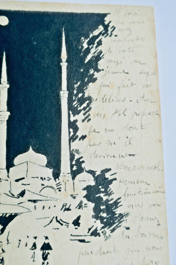 Mosquée Orient dessin original à l&rsquo;encre signée PL 1903