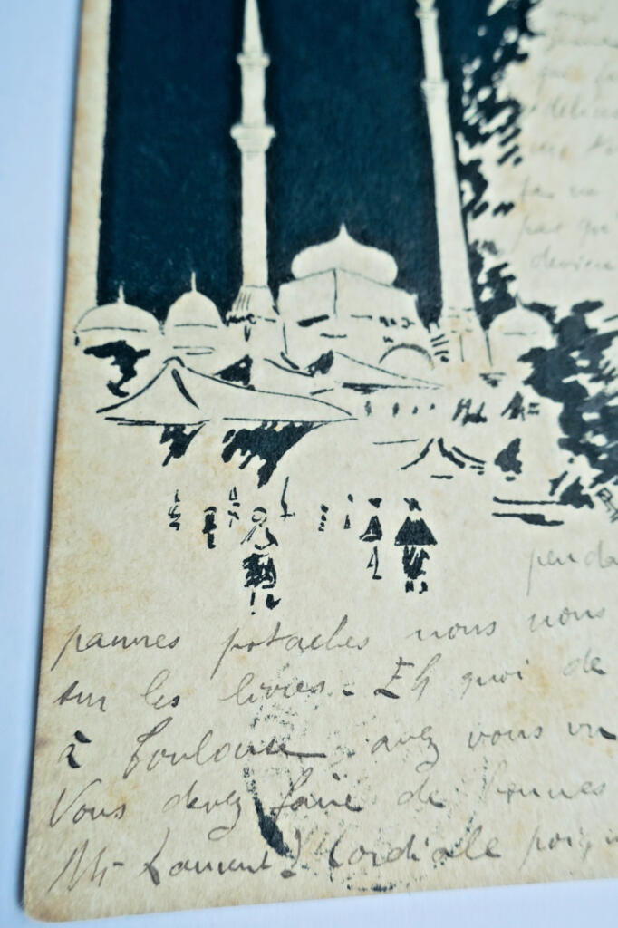 Mosquée Orient dessin original à l&rsquo;encre signée PL 1903