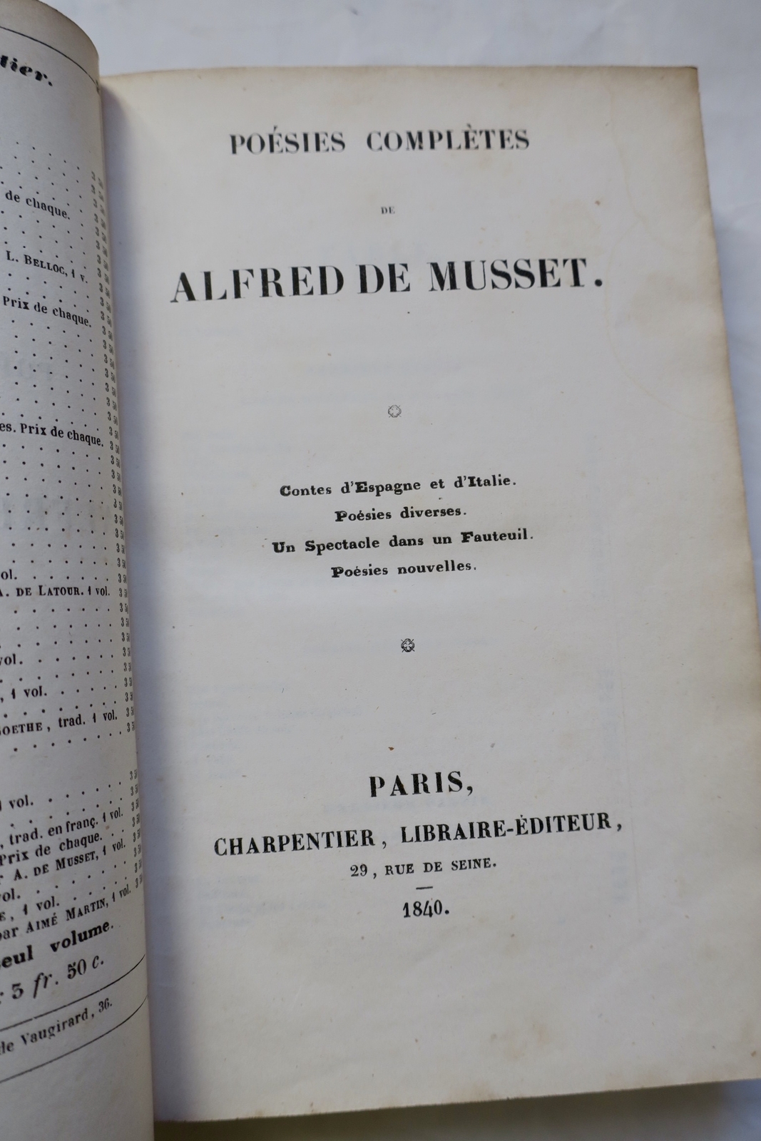 Vollständige Gedichte & Geschichten aus Spanien und Italien<span class="lla-card-orig-wrap"><span class="lla-card-orig">❦ Musset Poésies complètes. Contes d’Espagne et d’Italie 1840 EO</span></span> - La Librairie Antique