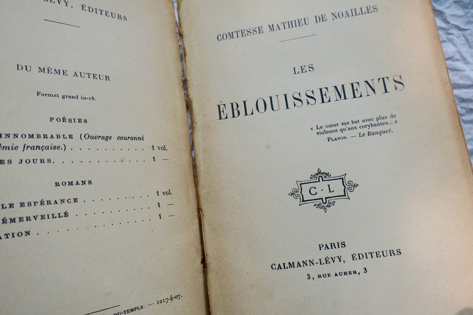 眩いばかりの幻想 - 詩集<span class="lla-card-orig-wrap"><span class="lla-card-orig">❦ NOAILLES Comtesse de LES EBLOUISSEMENTS 1925</span></span> - La Librairie Antique