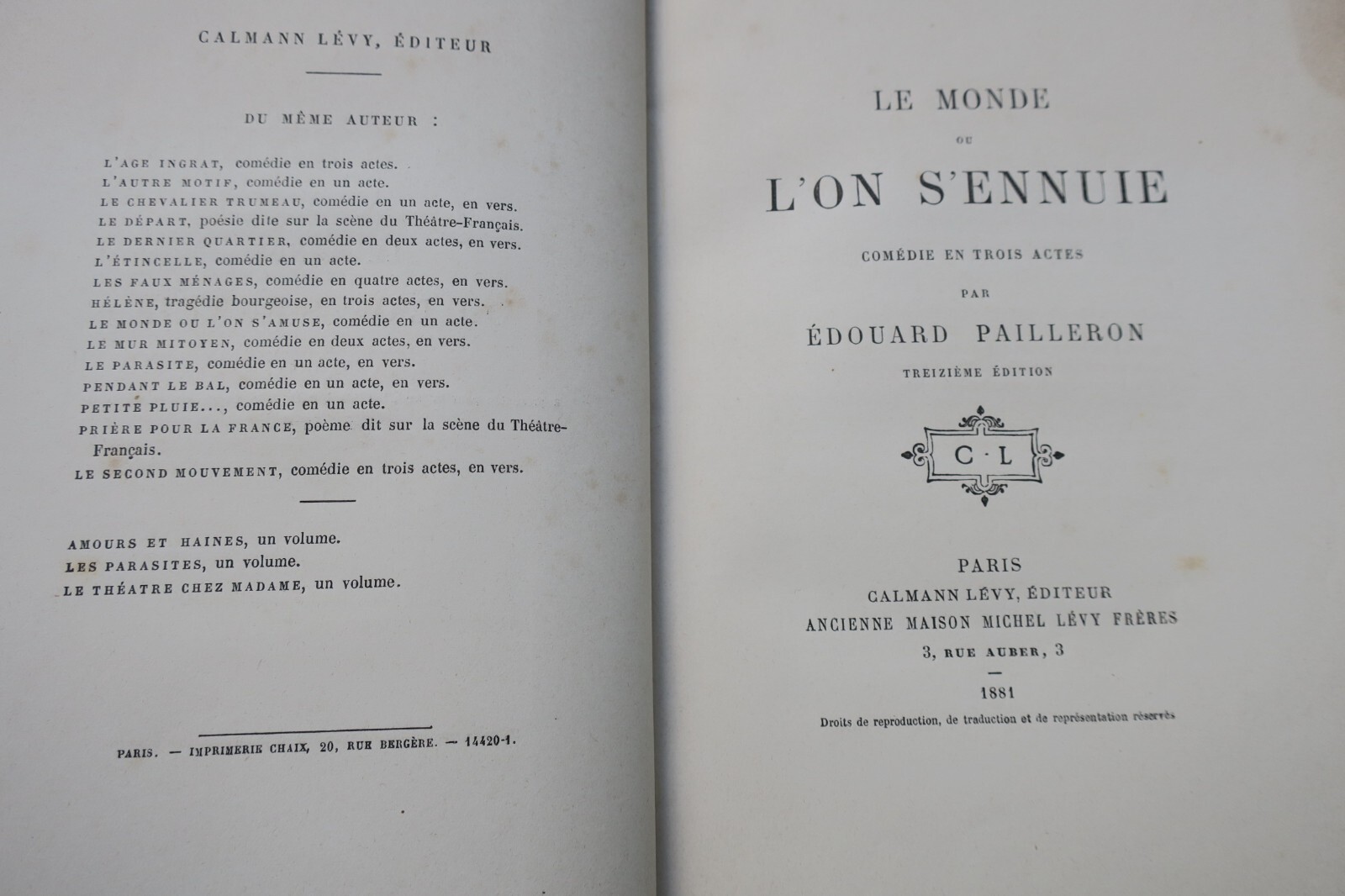 Society's Ennui: Comedy in Three Acts<span class="lla-card-orig-wrap"><span class="lla-card-orig">❦ Pailleron Edouard Le monde ou l’on s’ennuie- Comédie en 3 actes 1881</span></span> - La Librairie Antique
