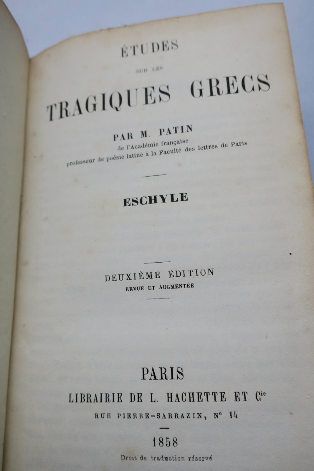 ギリシャ悲劇作家研究：アイスキュロス<span class="lla-card-orig-wrap"><span class="lla-card-orig">❦ PATIN (Henri). Etudes sur les tragiques grecs Eschyle</span></span> - La Librairie Antique