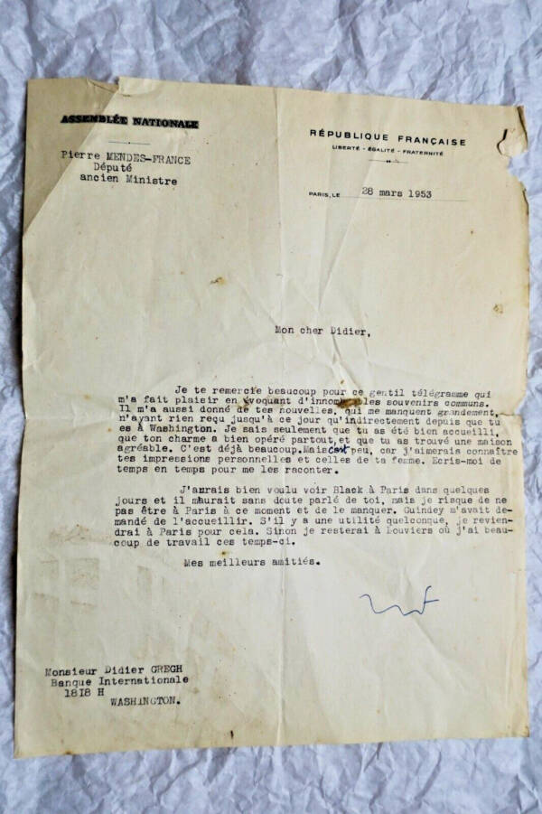 Pierre MENDES-FRANCE lettre tapuscrite signée