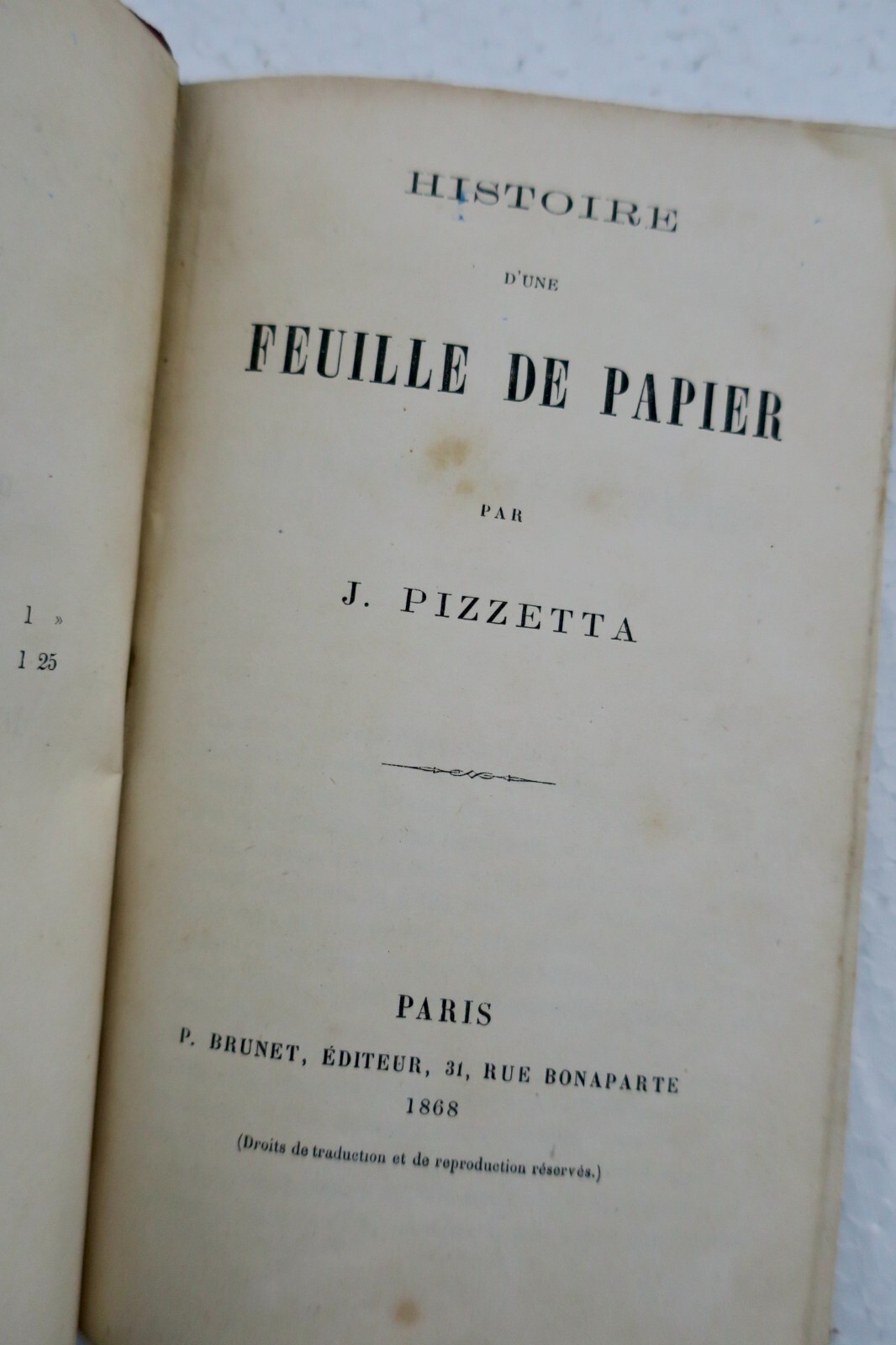 PIZZETTA Histoire d’une feuille de papier 1868 - La Librairie Antique