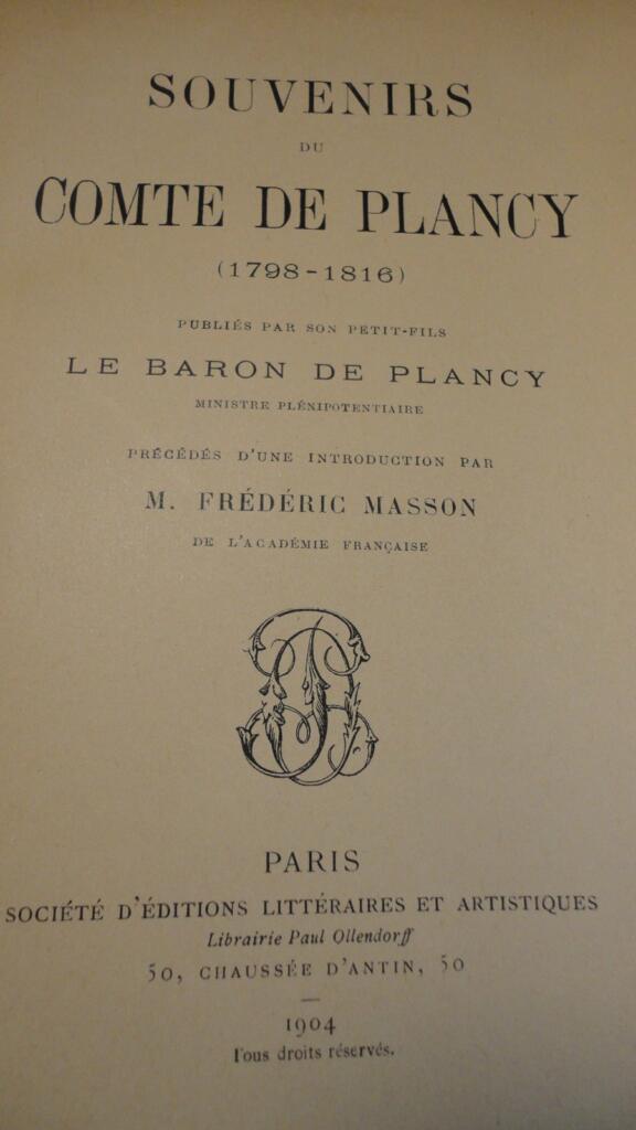 PLANCYSouvenirs du comte de Plancy (1798-1816)