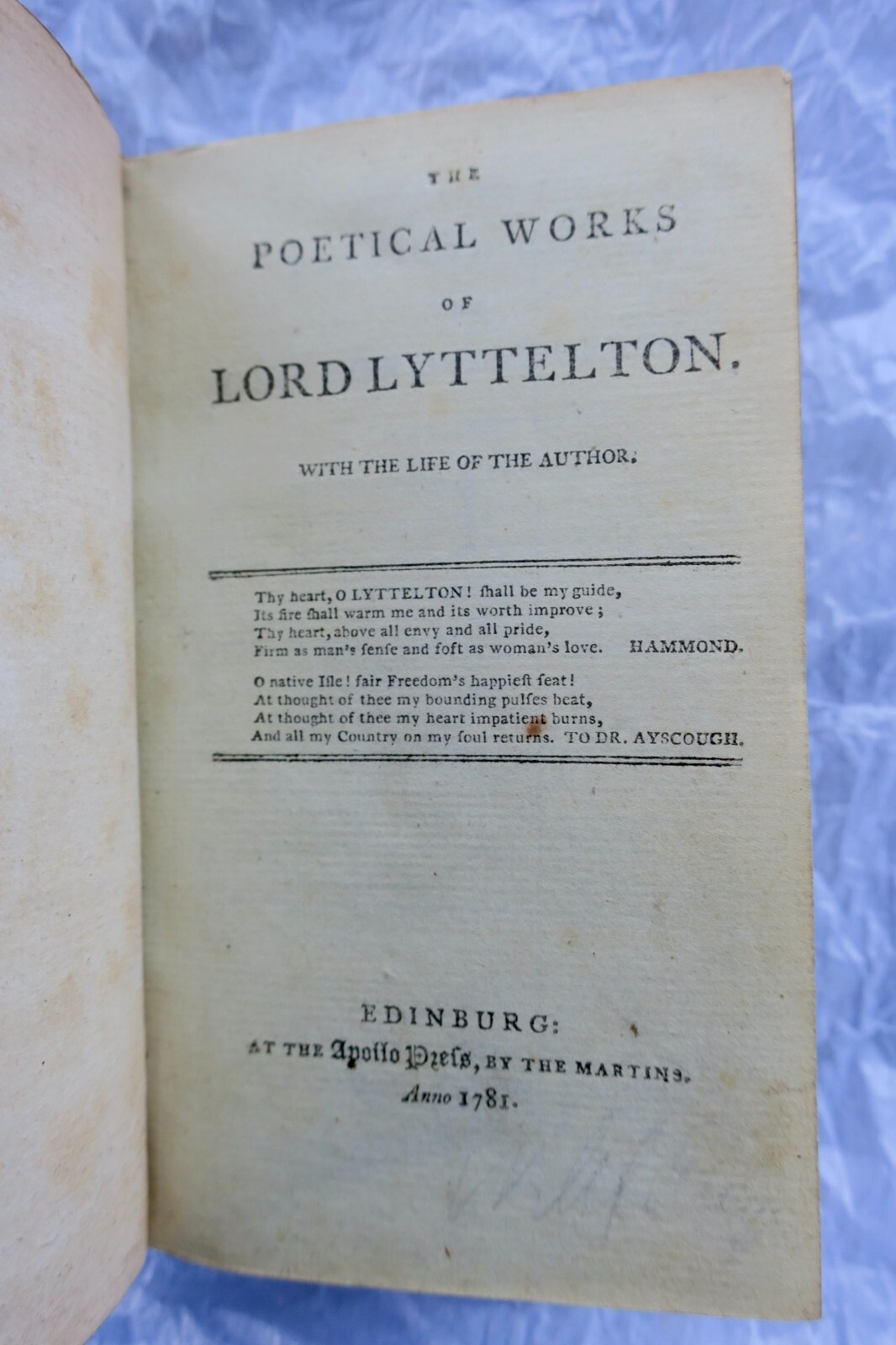 POETICAL WORKS OF GEORGE LORD LYTTELTON 1781 James Hammond 1787 William Collins – Image 5