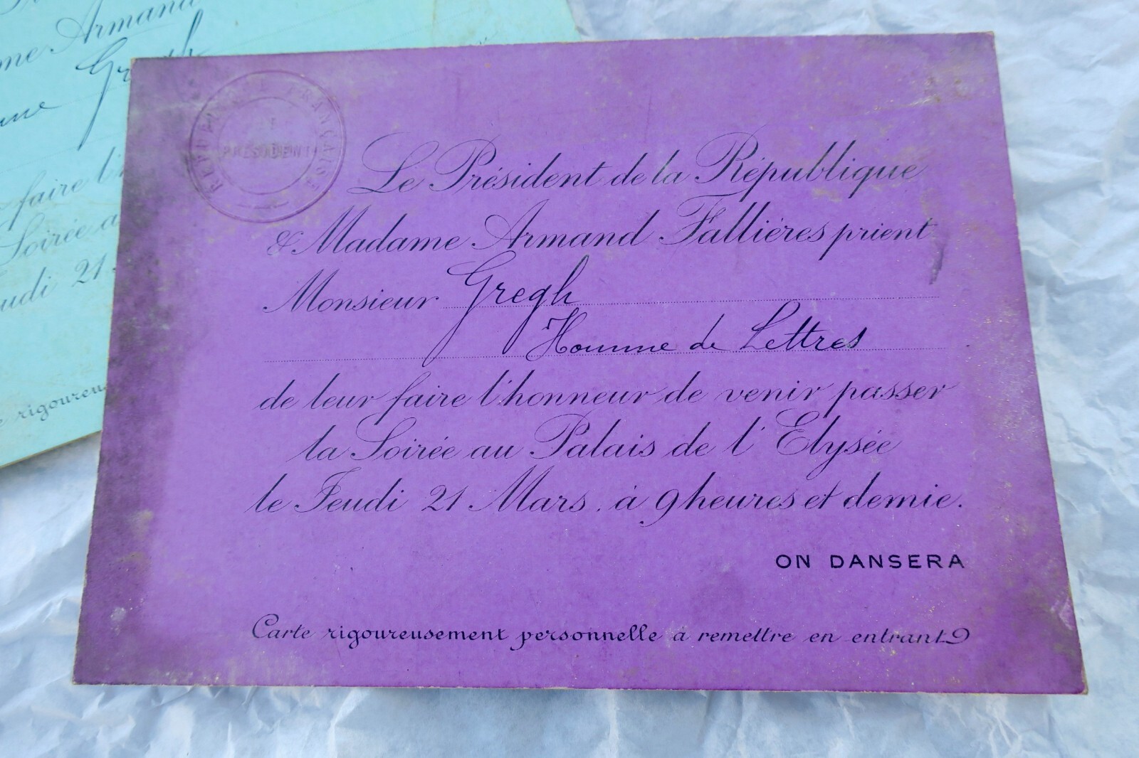 Einladungskarten für Armand Fallières<span class="lla-card-orig-wrap"><span class="lla-card-orig">❦ Présidence de la République Armand Fallières carton</span></span> - La Librairie Antique