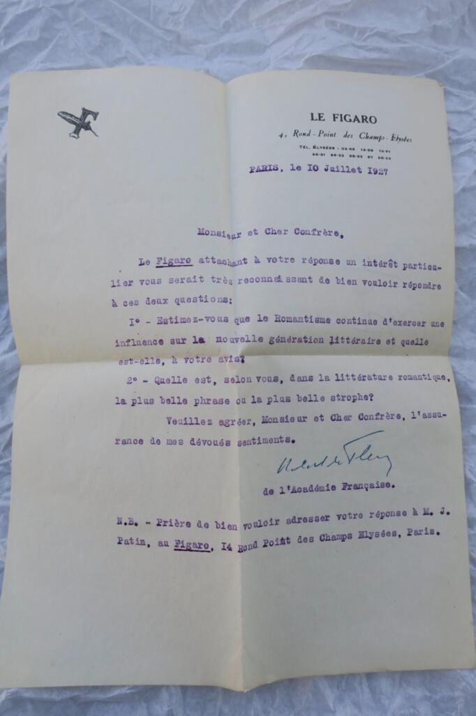 Typisierte signierte Brief von Robert de Flers