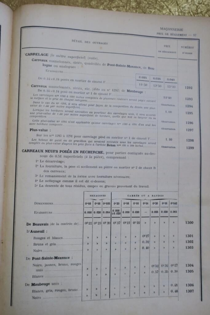 série de prix applicable aux travaux des batiments 1910