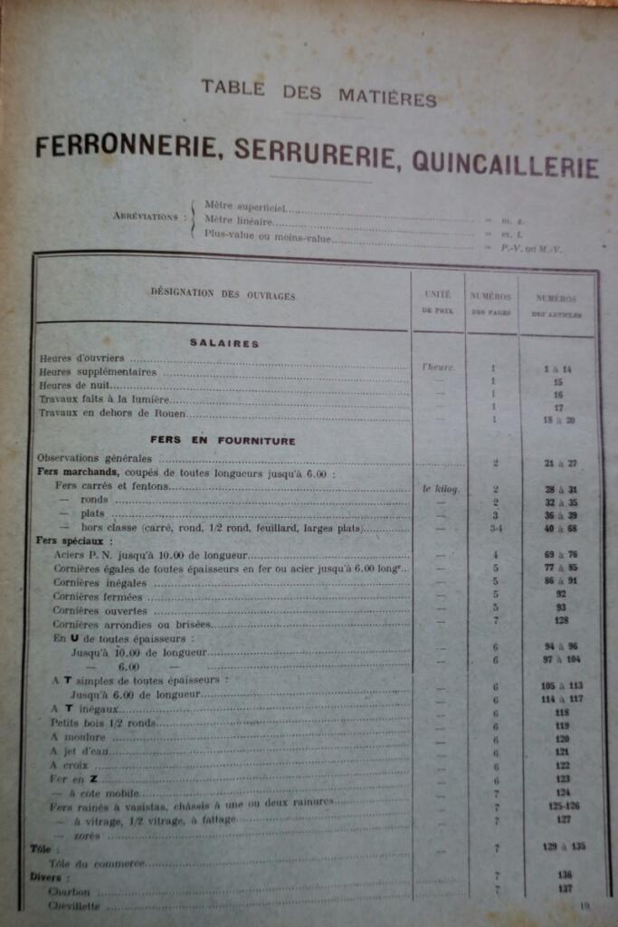 série de prix applicable aux travaux des batiments 1910