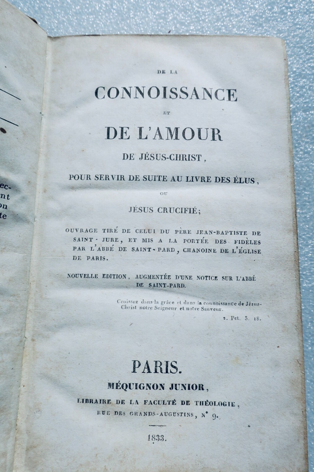 ST-JURE DE LA CONNOISSANCE ET DE L’AMOUR DU FILS DE DIEU 1833 - La Librairie Antique