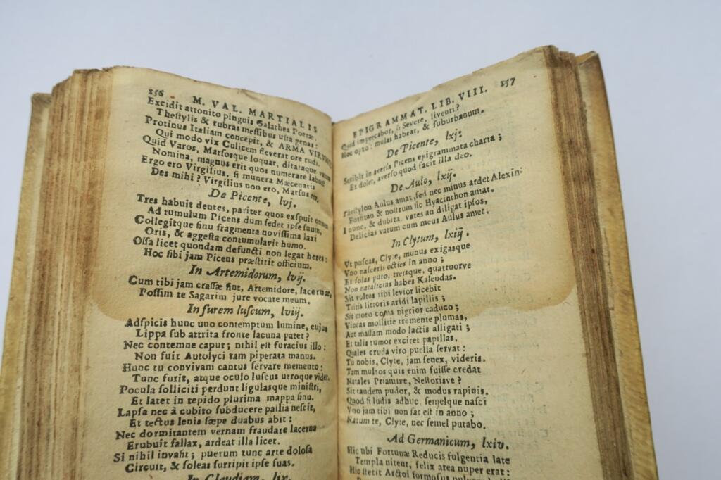 Minuskelschrift M. Val. Martialis epigrammata ex museo Petri Scriverii 1639 56 x 112 m