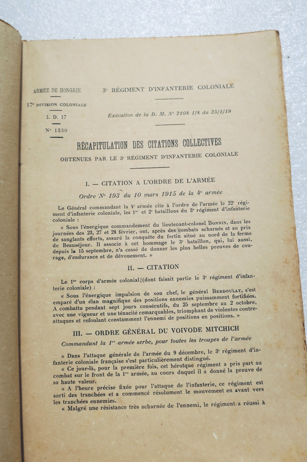 Historischer Bericht des 3. Regiments der Kolonialinfanterie 1914–1918